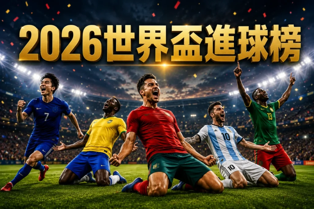 2026世界盃進球榜精選圖,呈現多名球員進球慶祝畫面,介紹世足射手榜與金靴獎競爭焦點。