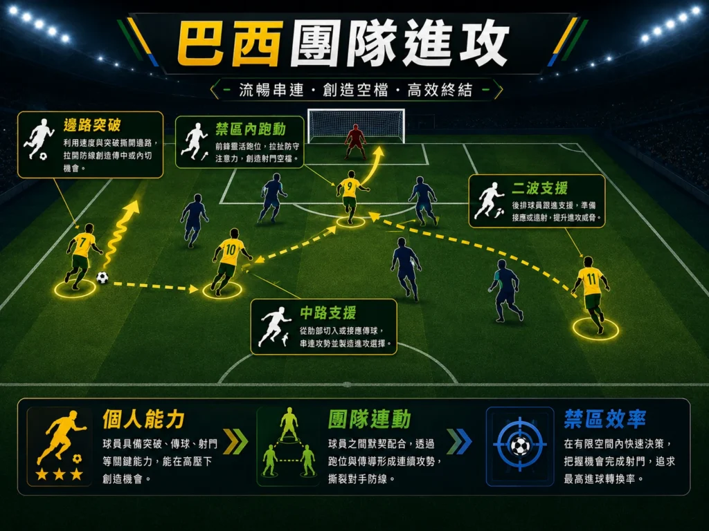 巴西團隊進攻分析,邊路突破、中路支援與二波進攻是破防重點。