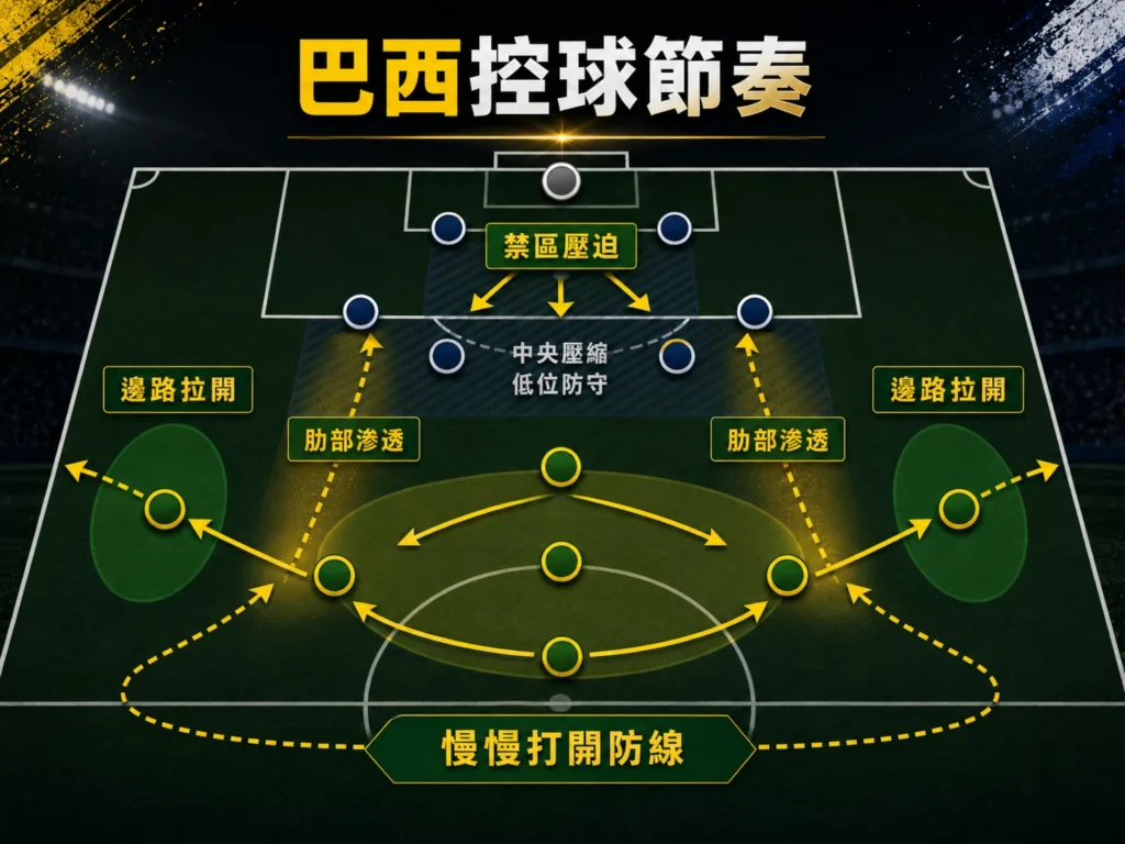 巴西控球節奏分析,透過邊路拉開與肋部滲透打開防線。