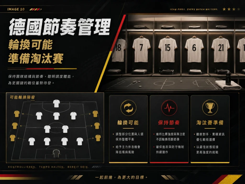 德國需要管理比賽節奏與輪換體能,準備後續淘汰賽挑戰。