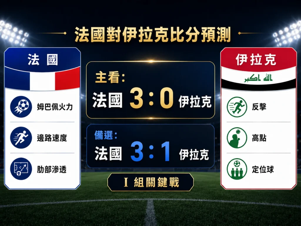 法國對伊拉克比分預測,主看法國 3 比 0,備選法國 3 比 1。