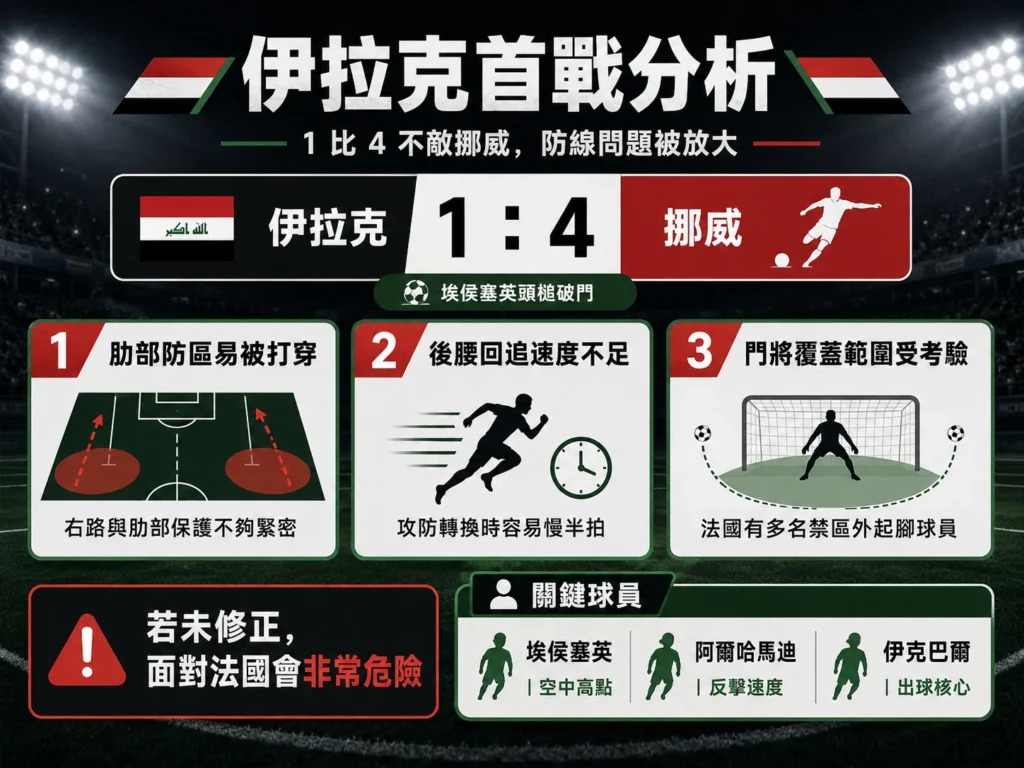 伊拉克首戰 1 比 4 不敵挪威,分析防線問題、後腰回追與門將受考驗。