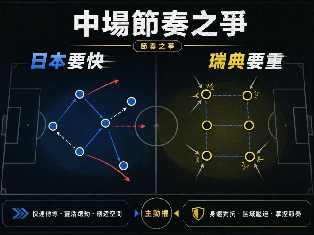 日本對瑞典中場節奏之爭,日本要快,瑞典要重。