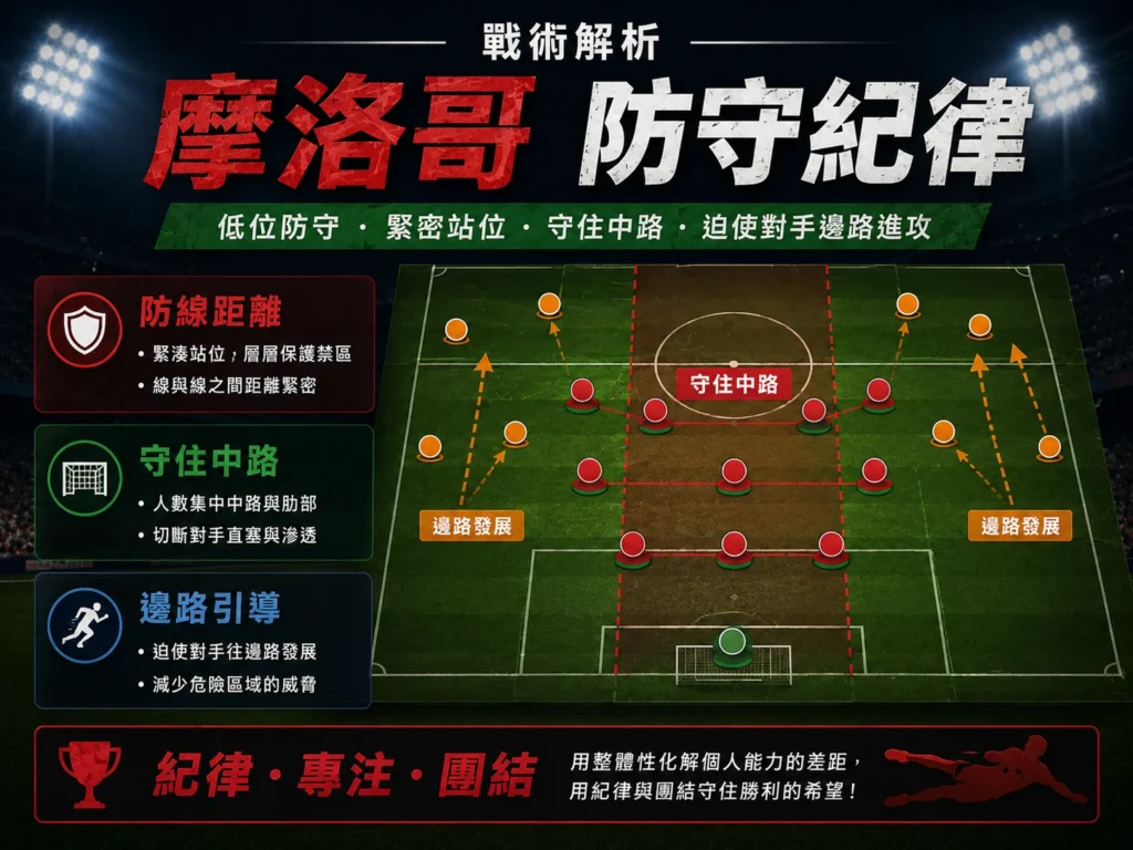 摩洛哥防守紀律分析,低位防守、緊密站位與中路保護是比賽重點。