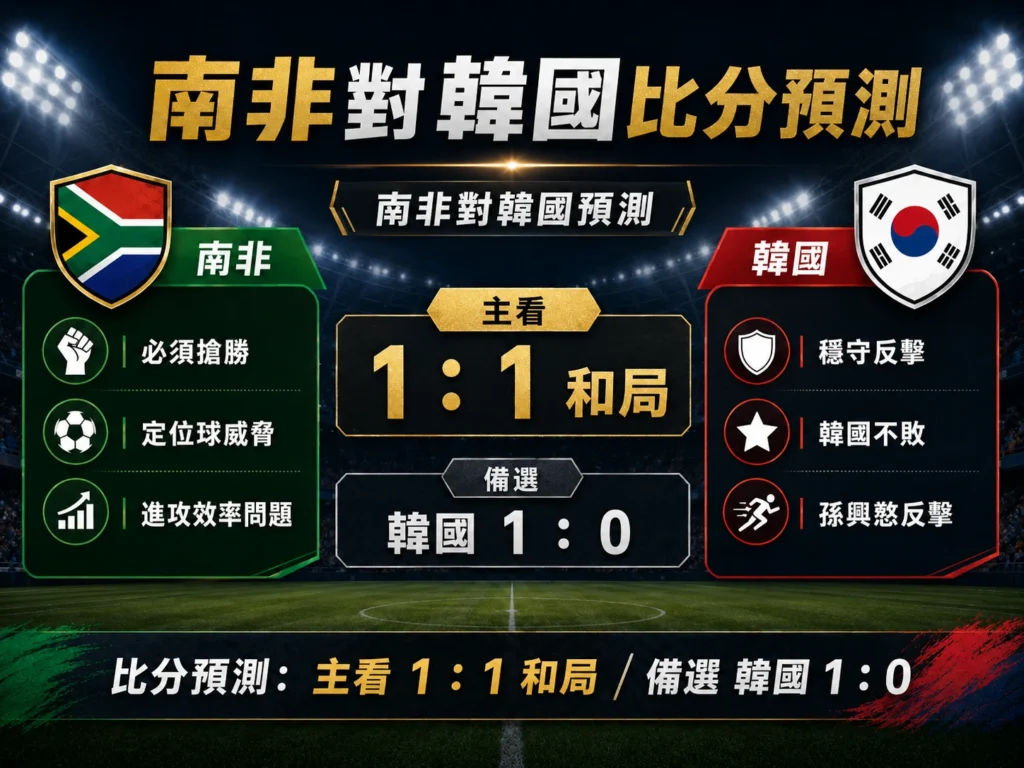 南非對韓國比分預測,主看 1 比 1 和局,備選韓國 1 比 0。