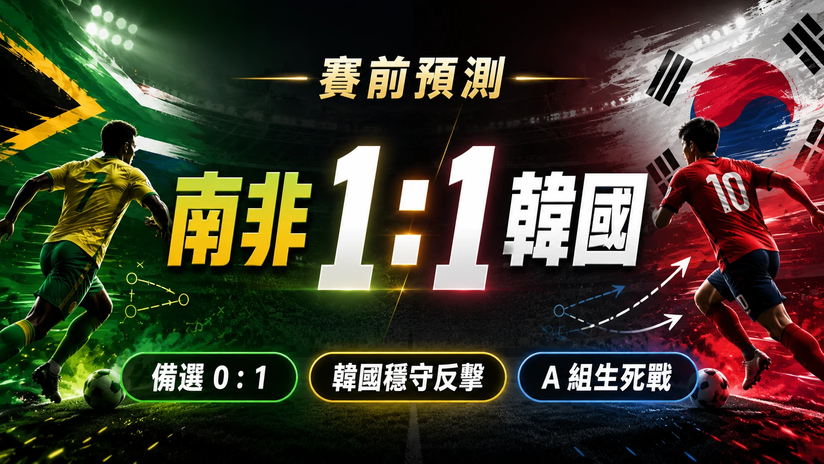 南非對韓國賽前預測,韓國穩守反擊,主看 1 比 1 和局。