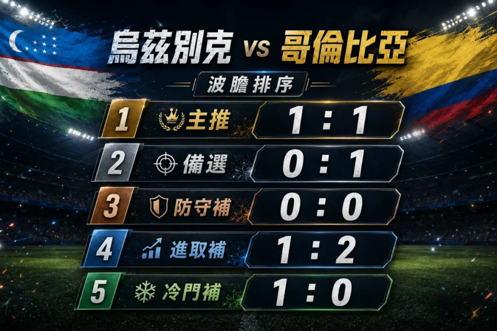 烏茲別克 vs 哥倫比亞波膽排序,整理 1 比 1 主推與 0 比 1 備選方向。