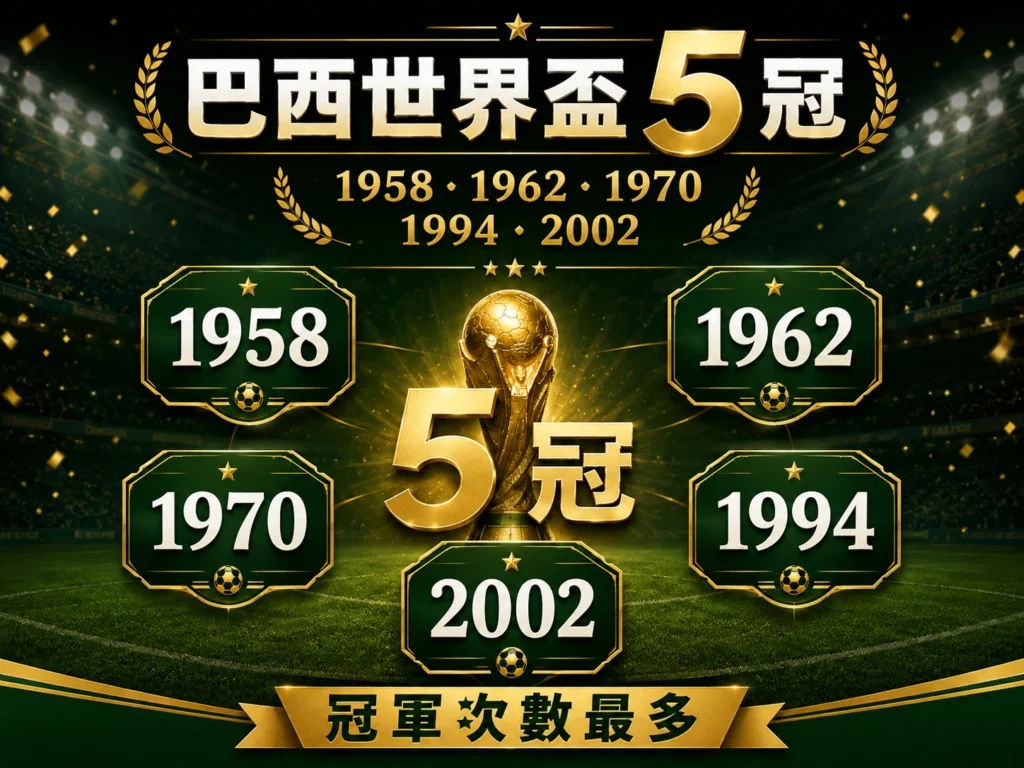 巴西世界盃冠軍次數最多,共 5 次奪冠,年份為 1958、1962、1970、1994、2002。