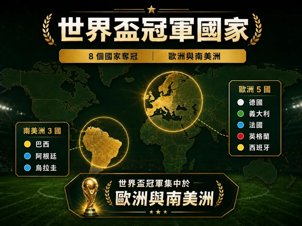 世界盃冠軍國家共有 8 個,主要集中在歐洲與南美洲。