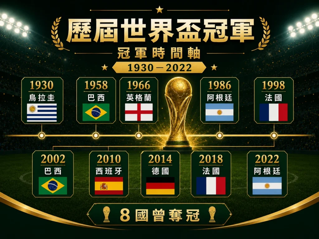 歷屆世界盃冠軍整理,呈現 1930 到 2022 年世界盃冠軍國家時間軸。