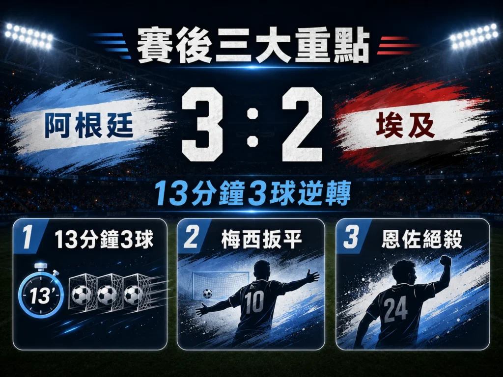 阿根廷3比2逆轉埃及賽後三大重點,整理13分鐘3球、梅西扳平與恩佐絕殺。
