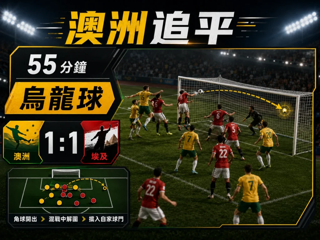 澳洲第55分鐘烏龍球追平埃及,雙方戰成 1:1。