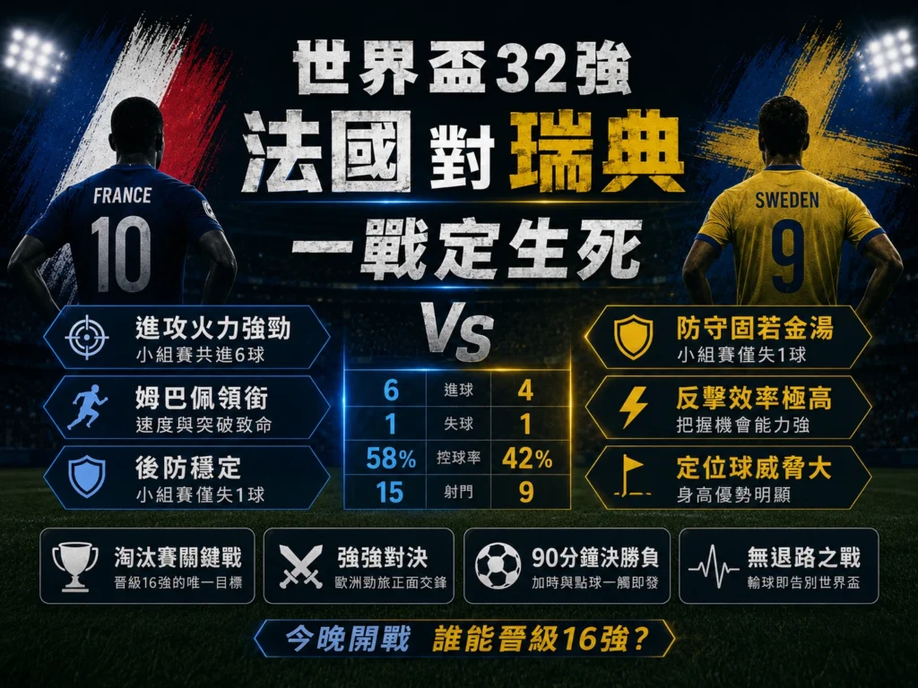 法國對瑞典32強淘汰賽,一戰定生死的賽前對決重點。